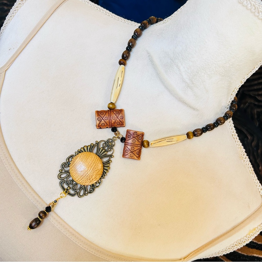 Handcrafted wood medallion filigree brass pendant beaded necklace